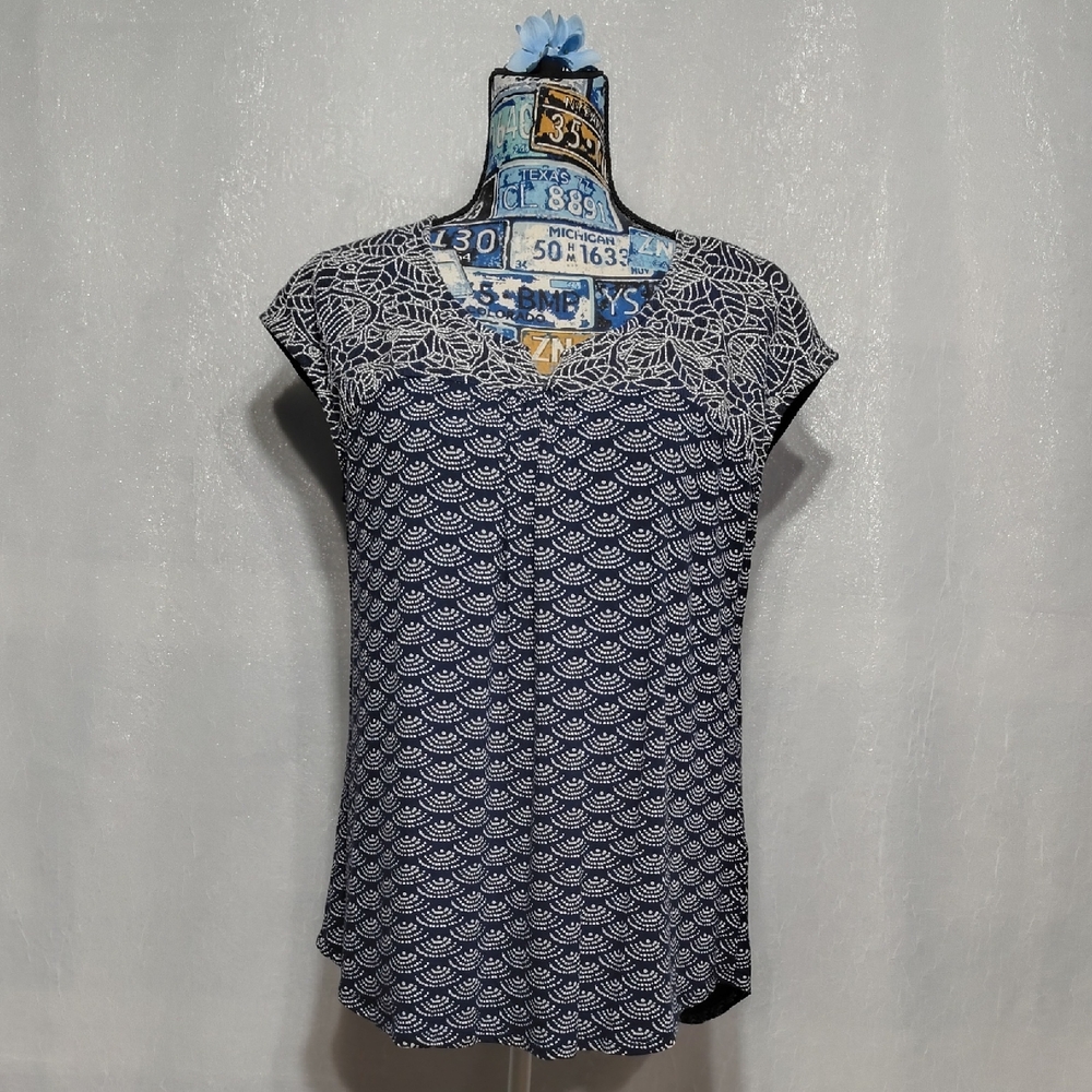 Skies Are Blue Navy and White Patterned Blouse